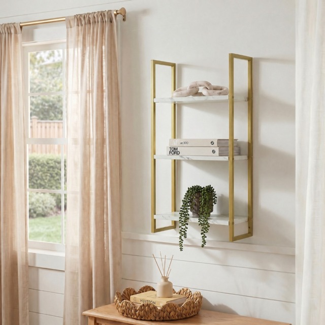 OHS 3-Tier Mounted Wall Shelves Set - White Marble/Gold - image 1