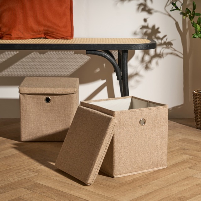 OHS 2 Faux Linen Storage Box With Lid, Natural - 2 Pack