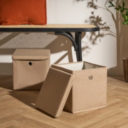 OHS 2 Faux Linen Storage Box With Lid, Natural - 2 Pack - thumbnail 1