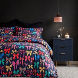 OHS Multi Bow Print Frill Edge Duvet Cover Set, Navy - Single - thumbnail 1
