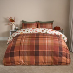 OHS Autumnal Novelty Checked Reversible Duvet Cover Set, Cream/Rust - King - thumbnail 4