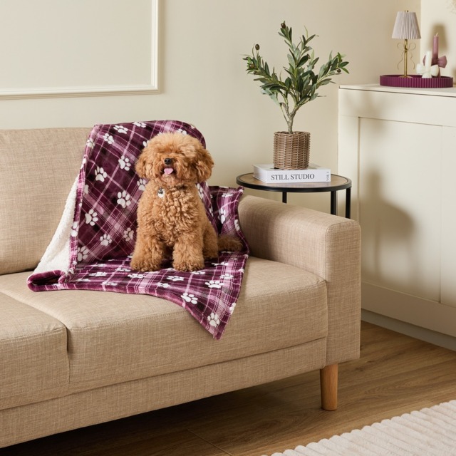 OHS Pet Paw Print Check Sherpa Reverse Throw - Burgundy - image 1