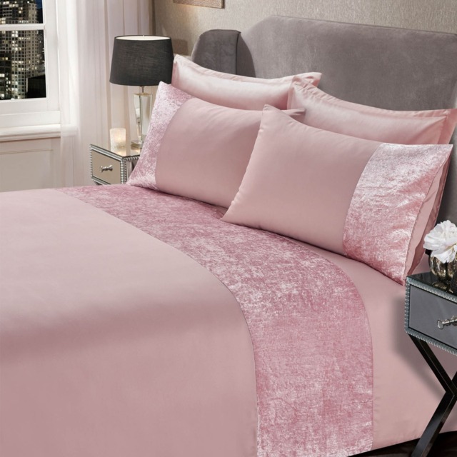 OHS Crushed Velvet Band Duvet Set, Blush Pink - Double - image 1