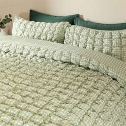 OHS Quilted Seersucker Gingham Duvet Cover Set, Sage - Super King - thumbnail 3
