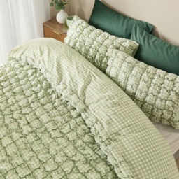 OHS Quilted Seersucker Gingham Duvet Cover Set, Sage - Super King - thumbnail 2