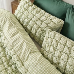 OHS Quilted Seersucker Gingham Duvet Cover Set, Sage - Super King - thumbnail 5