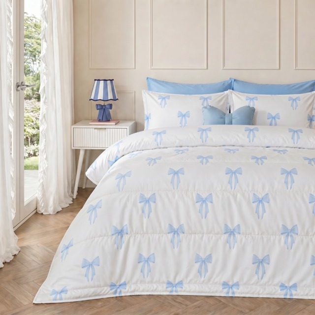 OHS Bow Print Coverless 10.5 Tog Duvet Set, Blue - King - image 1