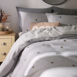 OHS Bee Print Reversible Gingham Duvet Cover Set, Grey - Double - thumbnail 3