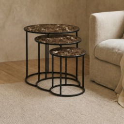 OHS Manhattan Marble Effect Nest of 3 Round Side Tables - Chocolate