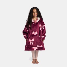 OHS Kids Bow Print Hoodie Blanket - Burgundy/Pink
