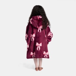 OHS Kids Bow Print Hoodie Blanket - Burgundy/Pink - thumbnail 2