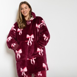 OHS Adults Bow Print Hoodie Blanket - Burgundy/Pink - thumbnail 3