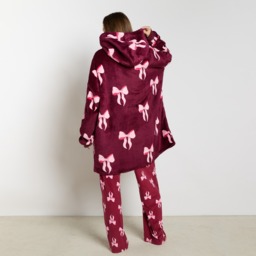 OHS Adults Bow Print Hoodie Blanket - Burgundy/Pink - thumbnail 2