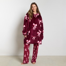OHS Adults Bow Print Hoodie Blanket - Burgundy/Pink - thumbnail 1