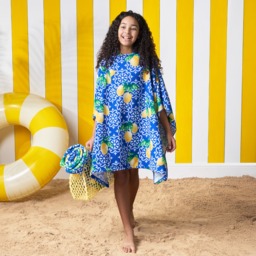 OHS Mini Me Kids Lemon Tile Print Poncho Towel - Blue/White - thumbnail 1