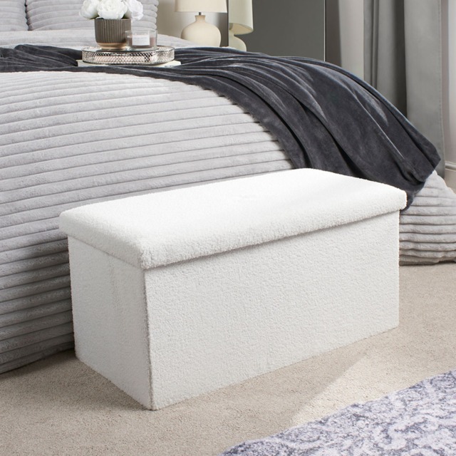 OHS Bouclé Foldable Rectangle Storage Ottoman - White - image 1