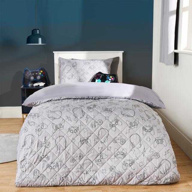 OHS Gaming Print Quilted Duvet Cover Set, Grey - Single - image 1