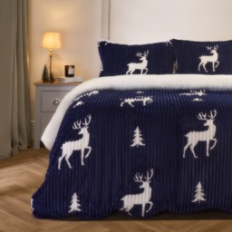 OHS Cosy Stag Ribbed Fleece Duvet Set, Navy - Double - thumbnail 1