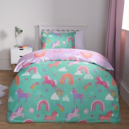 OHS Unicorn & Rainbows Reversible Duvet Cover Set, Green/Purple - Single - thumbnail 1
