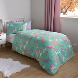 OHS Unicorn & Rainbows Reversible Duvet Cover Set, Green/Purple - Single - thumbnail 2