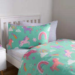 OHS Unicorn & Rainbows Reversible Duvet Cover Set, Green/Purple - Single - thumbnail 3