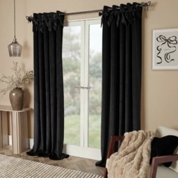 OHS Bow Velvet Eyelet Curtains , Black - 90 x 90in