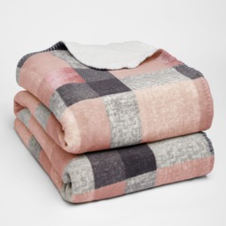 OHS Tartan Check Fleece Throw, 150 x 180cm - Blush - thumbnail 1