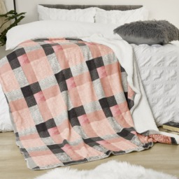 OHS Tartan Check Fleece Throw, 150 x 180cm - Blush - thumbnail 5