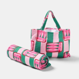OHS Sardine Stripe Beach Towel in a Bag - Pink/Green - thumbnail 4