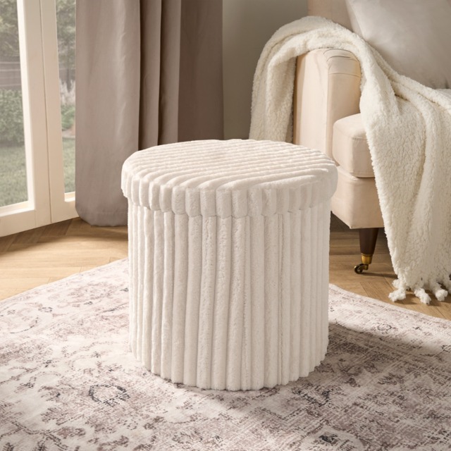 OHS Faux Fur Ribbed Round Storage Ottoman - Cream - image 1