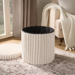 OHS Faux Fur Ribbed Round Storage Ottoman - Cream - thumbnail 2