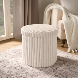 OHS Faux Fur Ribbed Round Storage Ottoman - Cream - thumbnail 1