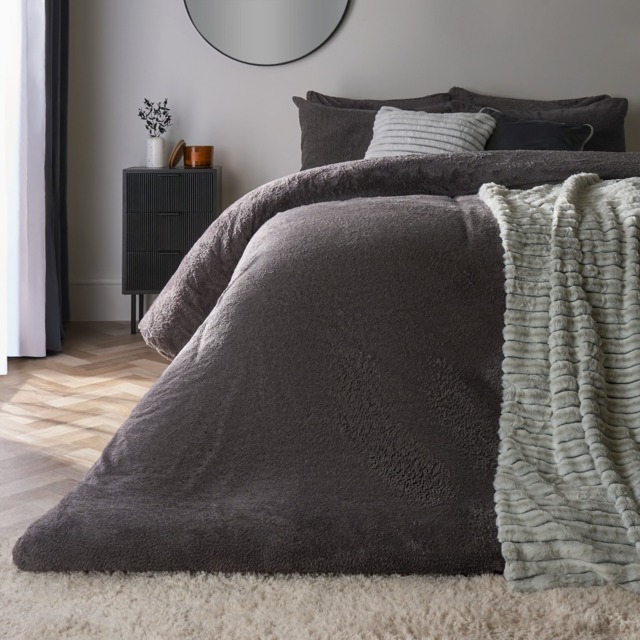 OHS Teddy Fleece Duvet Cover Set, Charcoal - Single - image 1