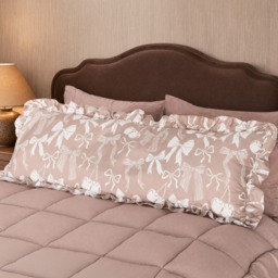 OHS Bow Print Frill Edge Bolster Pillow - Natural - thumbnail 1