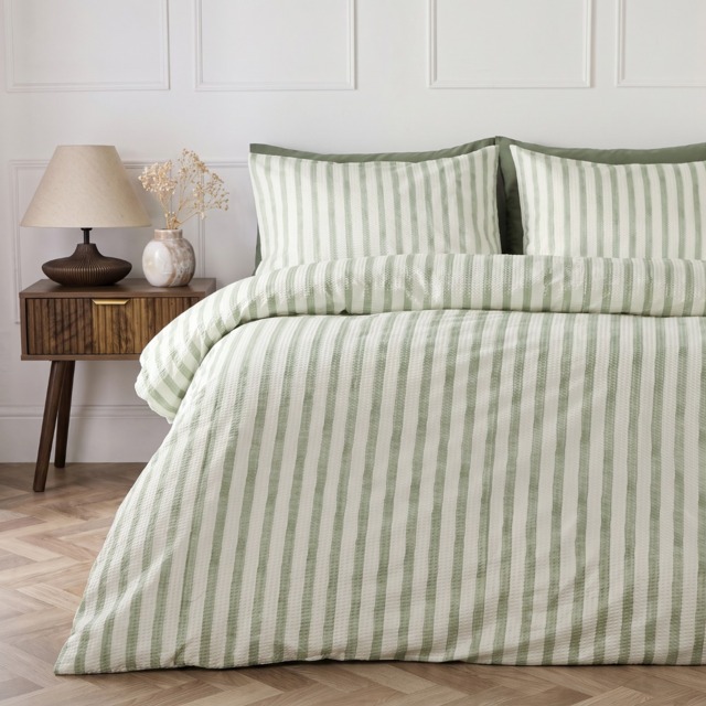 OHS Waffle Watercolour Stripe Duvet Set, Sage - Double - image 1