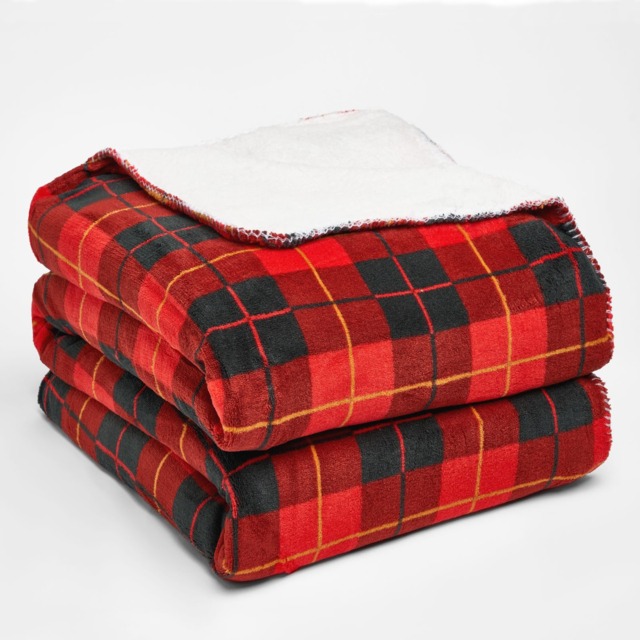 OHS Large Tartan Sherpa Flannel Fleece Throw Blanket, Check Red - 130 x 160cm - image 1
