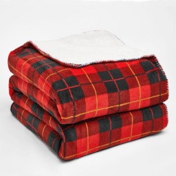 OHS Large Tartan Sherpa Flannel Fleece Throw Blanket, Check Red - 130 x 160cm