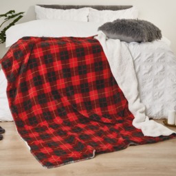 OHS Large Tartan Sherpa Flannel Fleece Throw Blanket, Check Red - 130 x 160cm - thumbnail 3