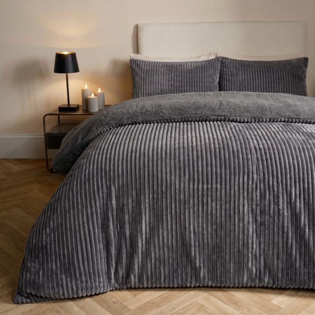 OHS Ribbed Fleece Duvet Cover Set, Charcoal - Double - image 1