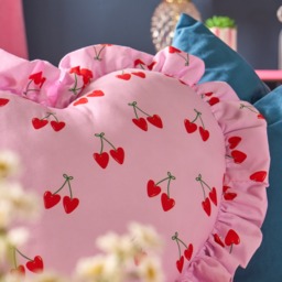 OHS Frill Heart Shaped Cherry Print Cushion - Pink/Green - thumbnail 2