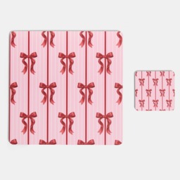OHS 4 Pack Bow Print Place Mat and Coaster Set - Pink - thumbnail 1