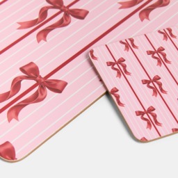 OHS 4 Pack Bow Print Place Mat and Coaster Set - Pink - thumbnail 2