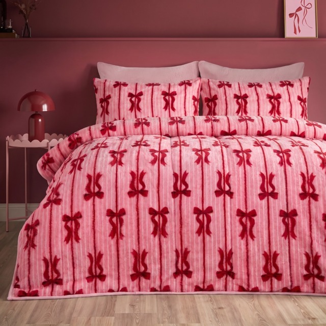 OHS Bow Stripe Print Teddy Coverless 10.5 Tog Duvet Set, Pink - Double - image 1
