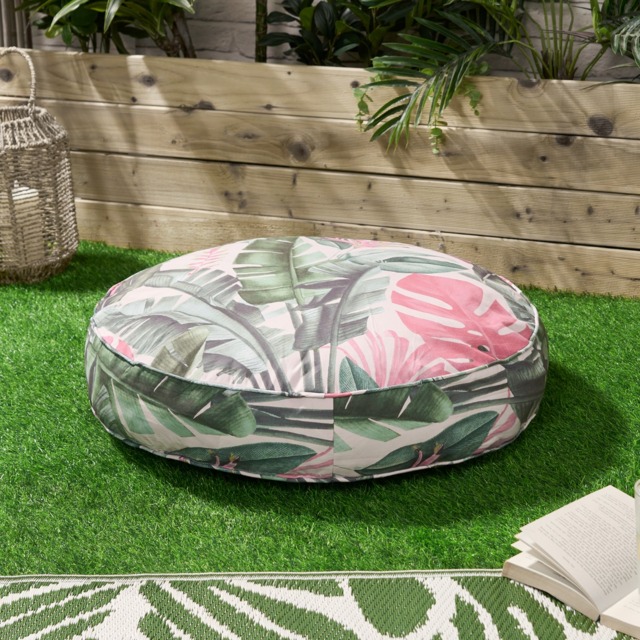 OHS Indoor/Outdoor Round Tropical Print Filled Cushion - Green - image 1