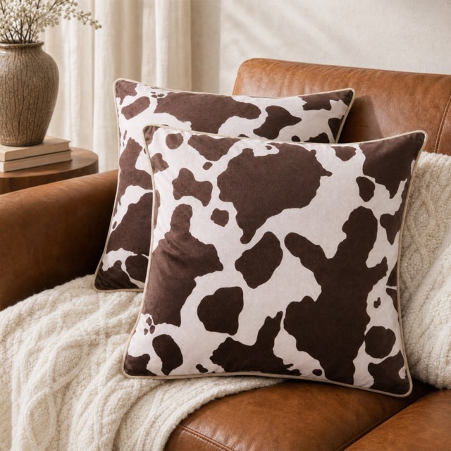 OHS Cow Print Matte Velvet Cushion Covers, Brown/White - 45 x 45cm - image 1