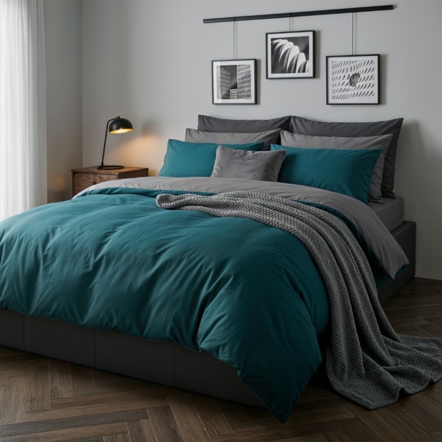 OHS Reversible Duvet Set, Teal/Grey - Single - image 1