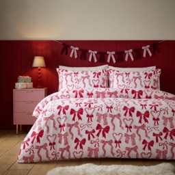 OHS Bow Print Brushed Cotton Flannelette Duvet Cover Set, White/Red - Double