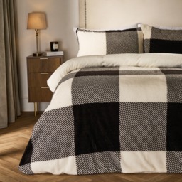 OHS Gingham Check Teddy Duvet Cover Set, Monochrome - Super King - thumbnail 1