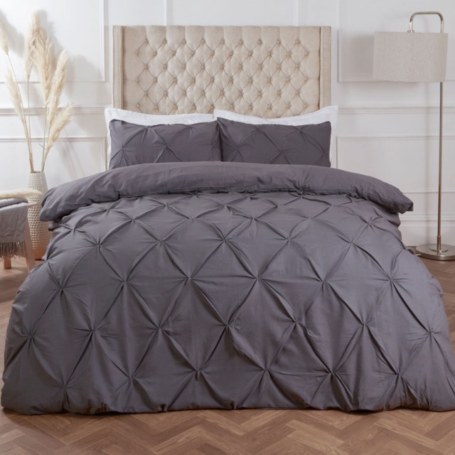 OHS Polycotton Diamond Pintuck Pinch Pleat Duvet Set, Charcoal Grey - Double - image 1