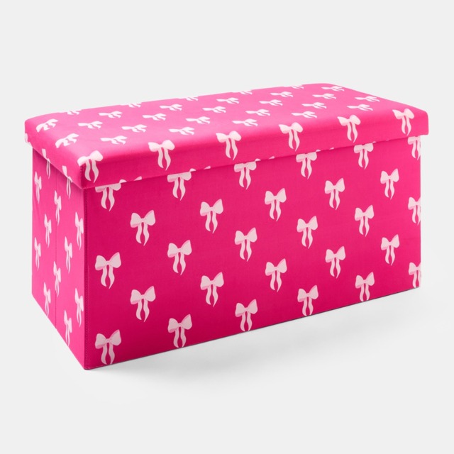 OHS Bow Print Velvet Foldable Rectangle Storage Ottoman - Hot Pink - image 1